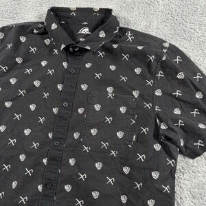 Vans  Classic Fit Black Skull Axe Print Short Sleeve Button Up Shirt Medium